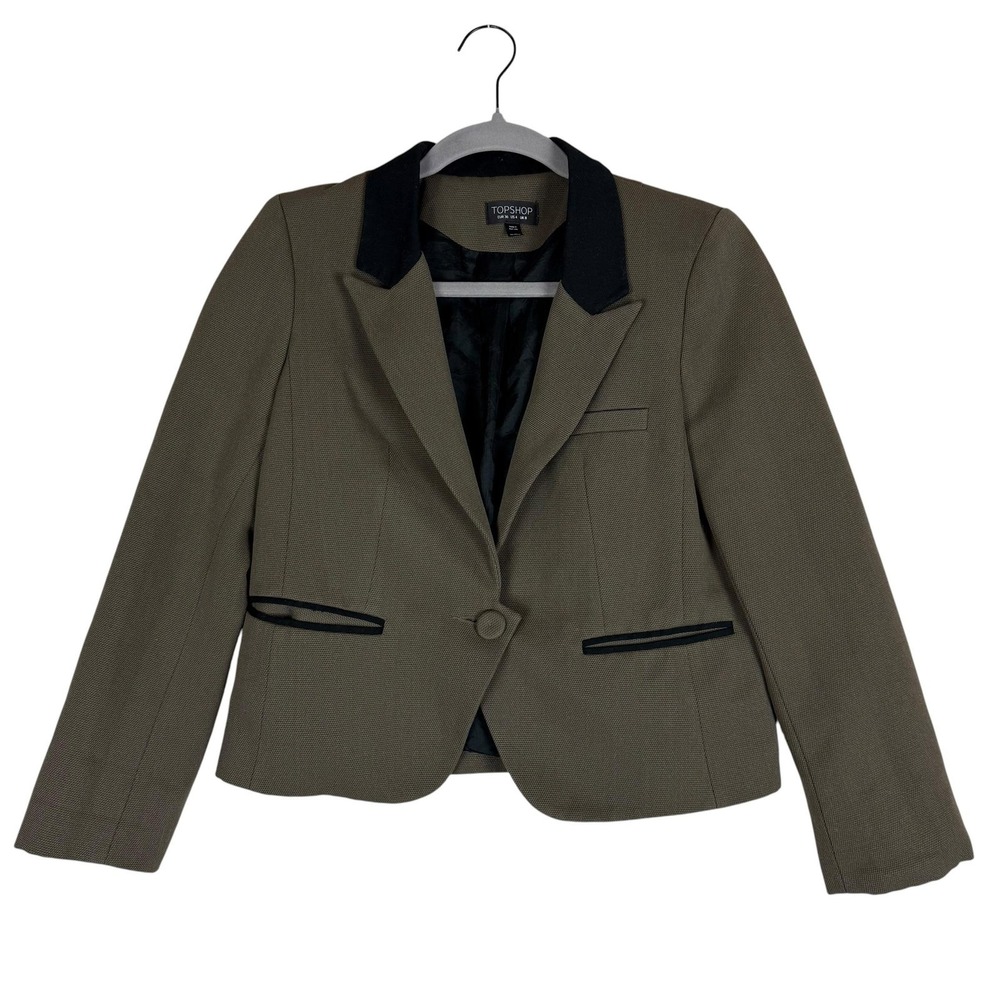 Topshop Blazer Womens 4ā Brown Tuxedo One Button Lined Contrast Lapel Jacket